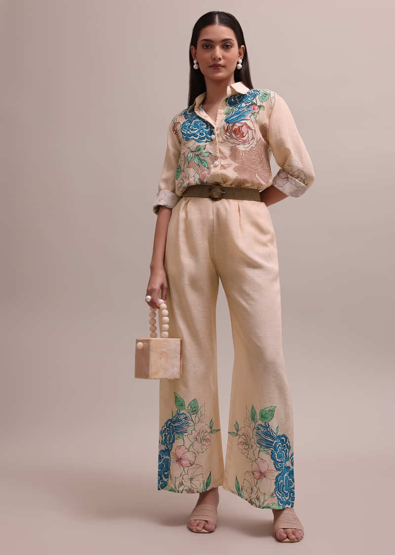 Peach Linen Summer Co-ord Set With Floral Stripe Print Kurta And Pants