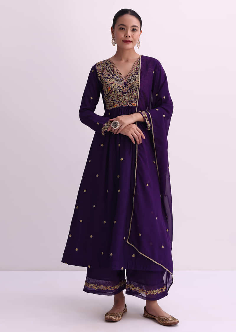 Purple Silk Palazzo Set With Zari Embroidered A-Line Kurta And Dupatta