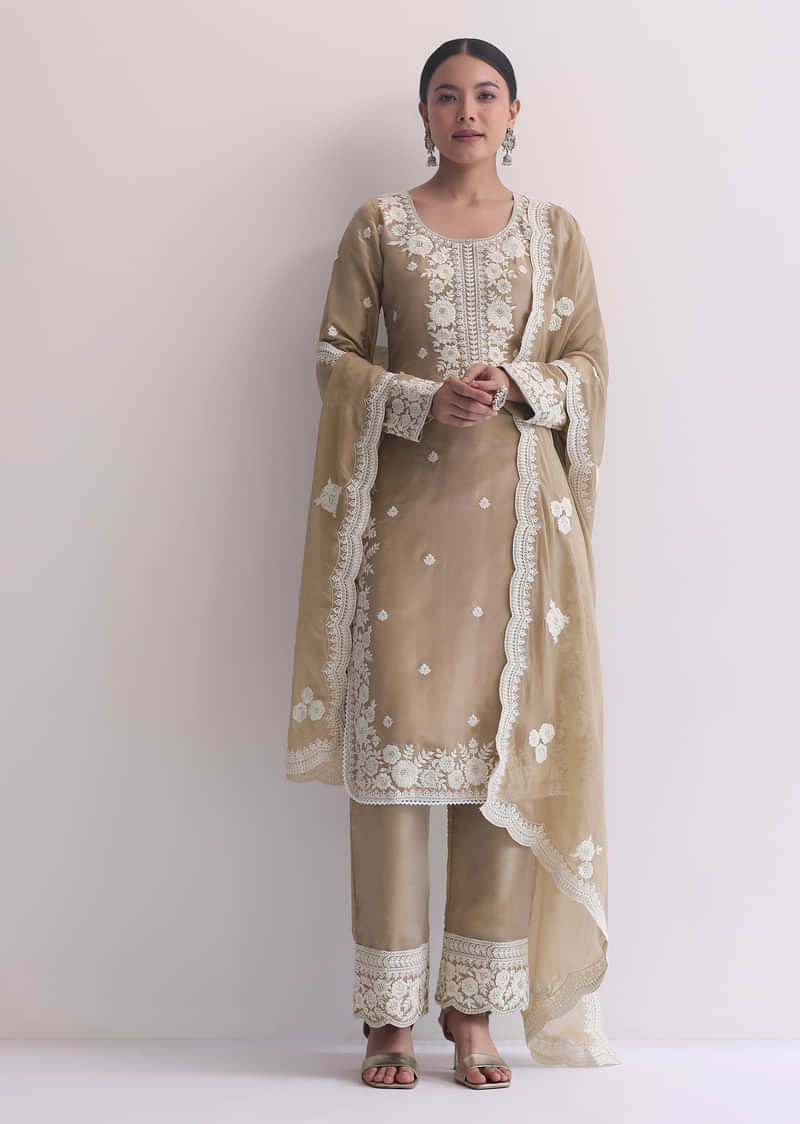 Beige Resham Threadwork Embroiderd Kurti Pant Set In Organza