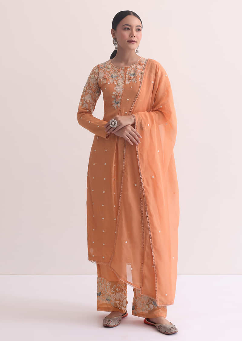 Orange Resham Kurta Pant Set With 3D Florals