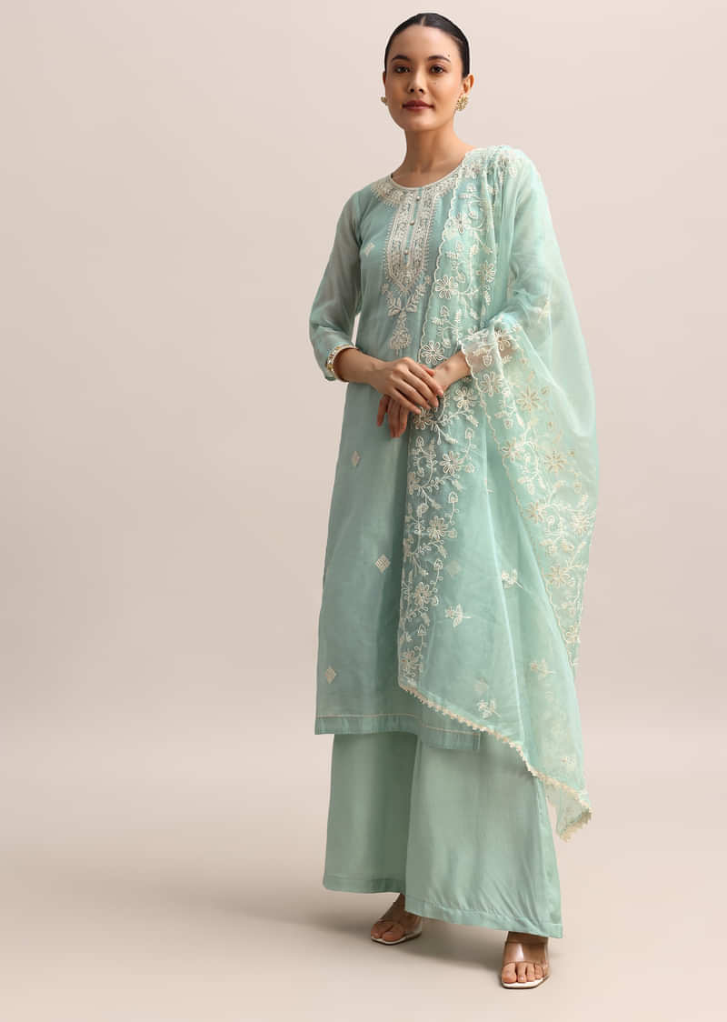 Ice Blue Chanderi Kurta Palazzo With Dupatta In Resham Work