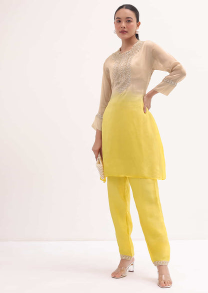 Yellow And Beige Embroidered Kurta Pant