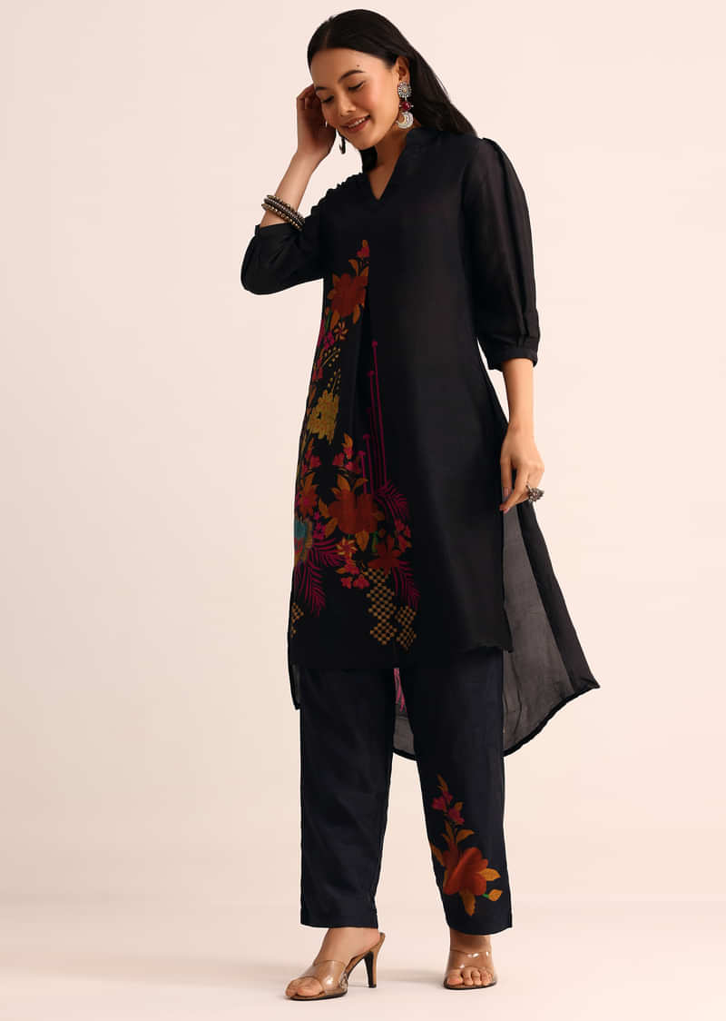 Midnight Blue Abstract Printed Chanderi Kurti And Pant