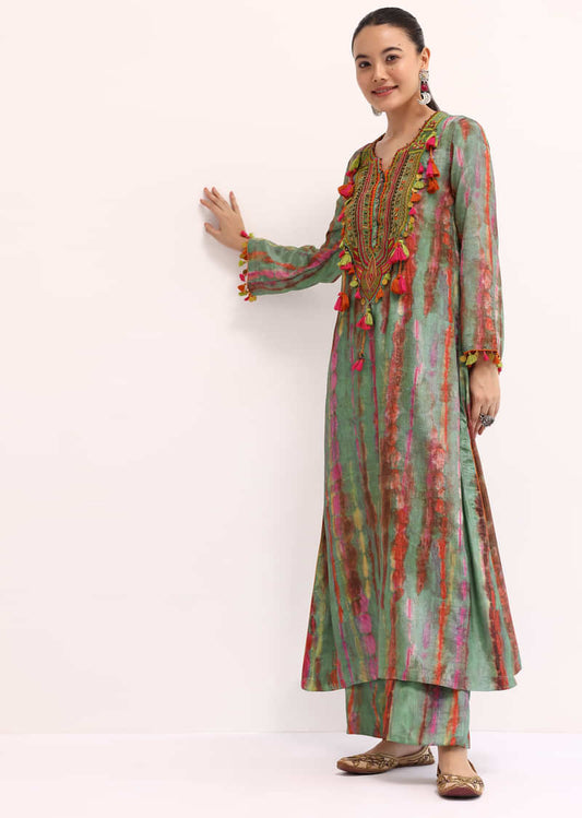 Green Embroidered Crepe Kurta And Pant