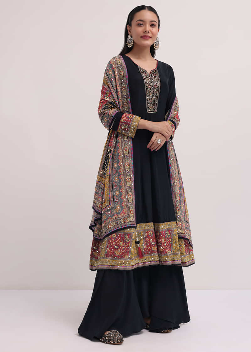 Black Embroidered Satin Kurta Palazzo Set