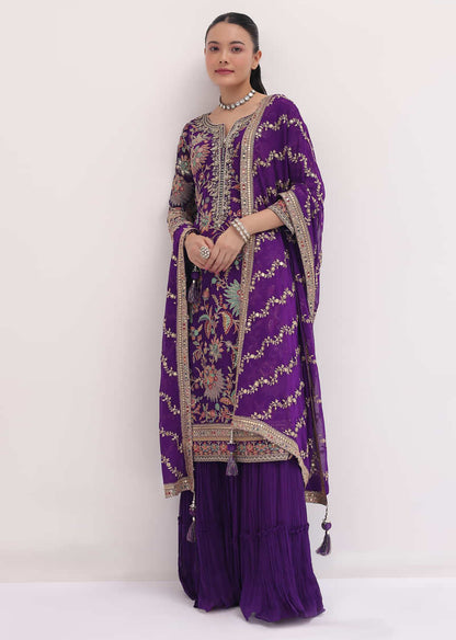 Purple Embroidered Georgette Kurta Sharara Set