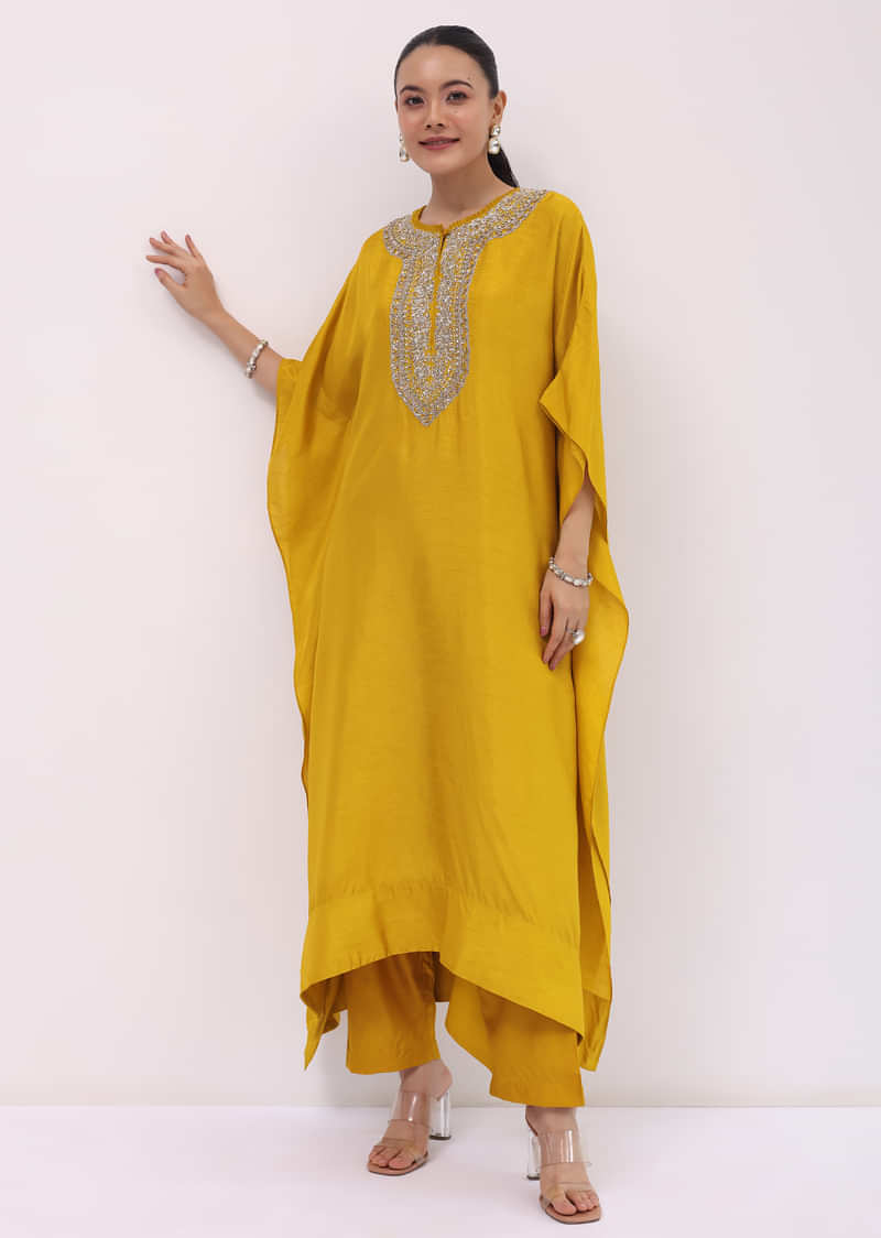 Yellow Embroidered Kaftaan Kurta Pant Set