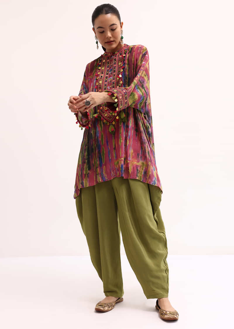 Pink And Green Embroidered Crepe Kurta Salwar