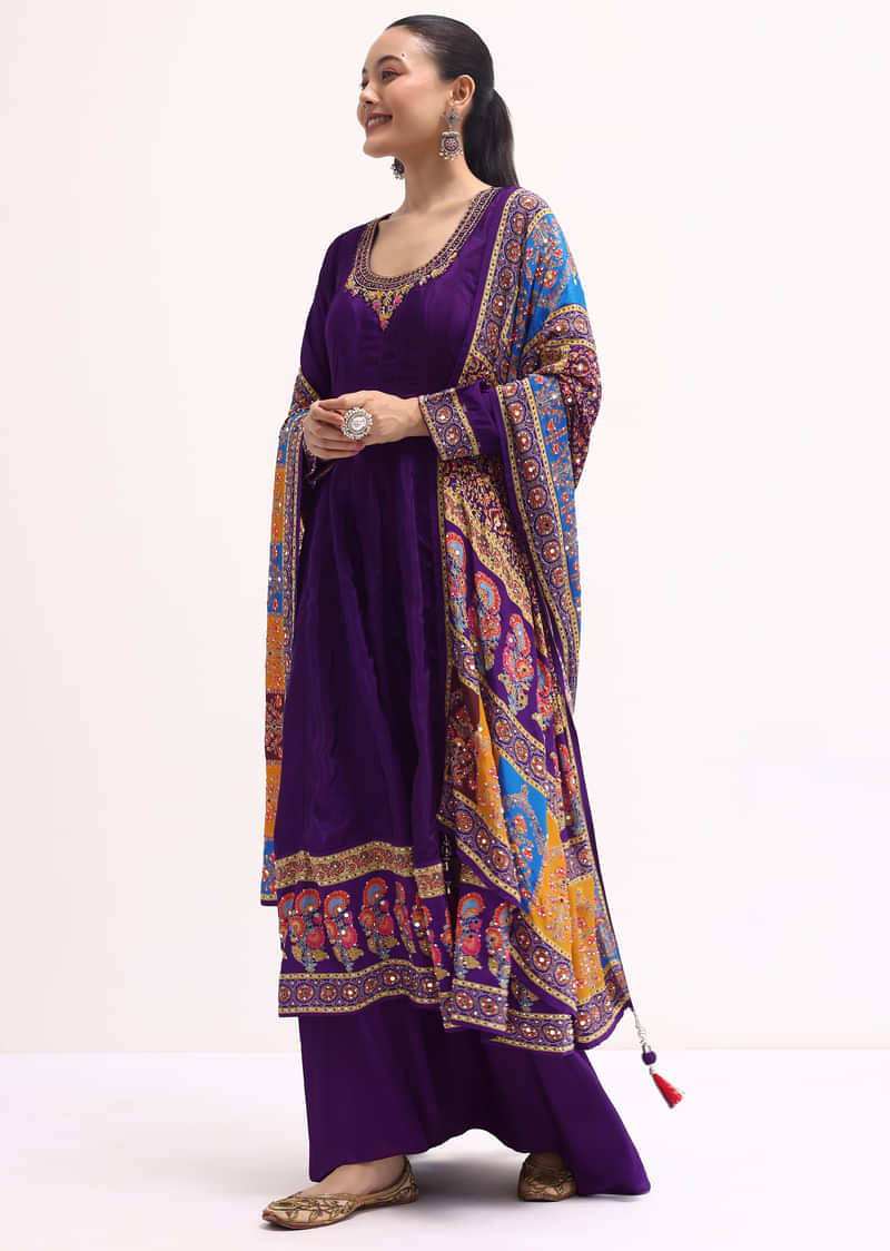 Purple Embroidered Crepe Kurta Palazzo Set