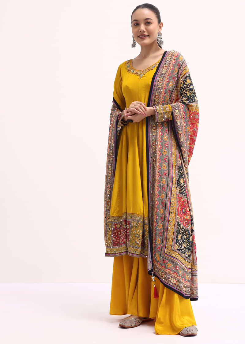 Yellow Embroidered Crepe Kurta Palazzo Set