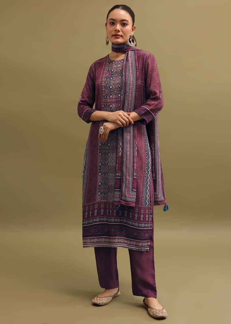 Wine Printed Crepe Kurta Set With Dupatta