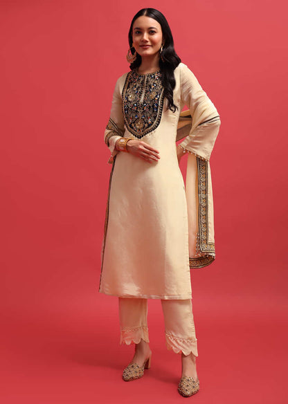 White Sequin Embroidered Tissue Kurta Set With Dupatta