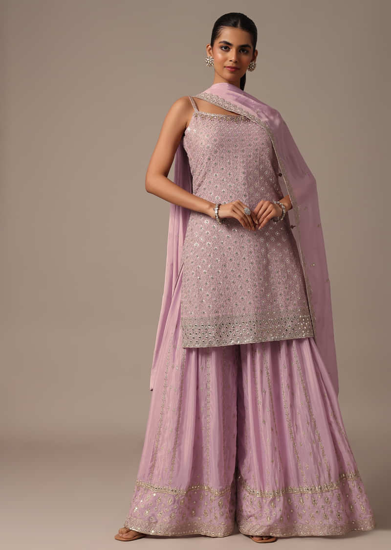 Purple Kurta Palazzo Set With Dupatta In Zari Work