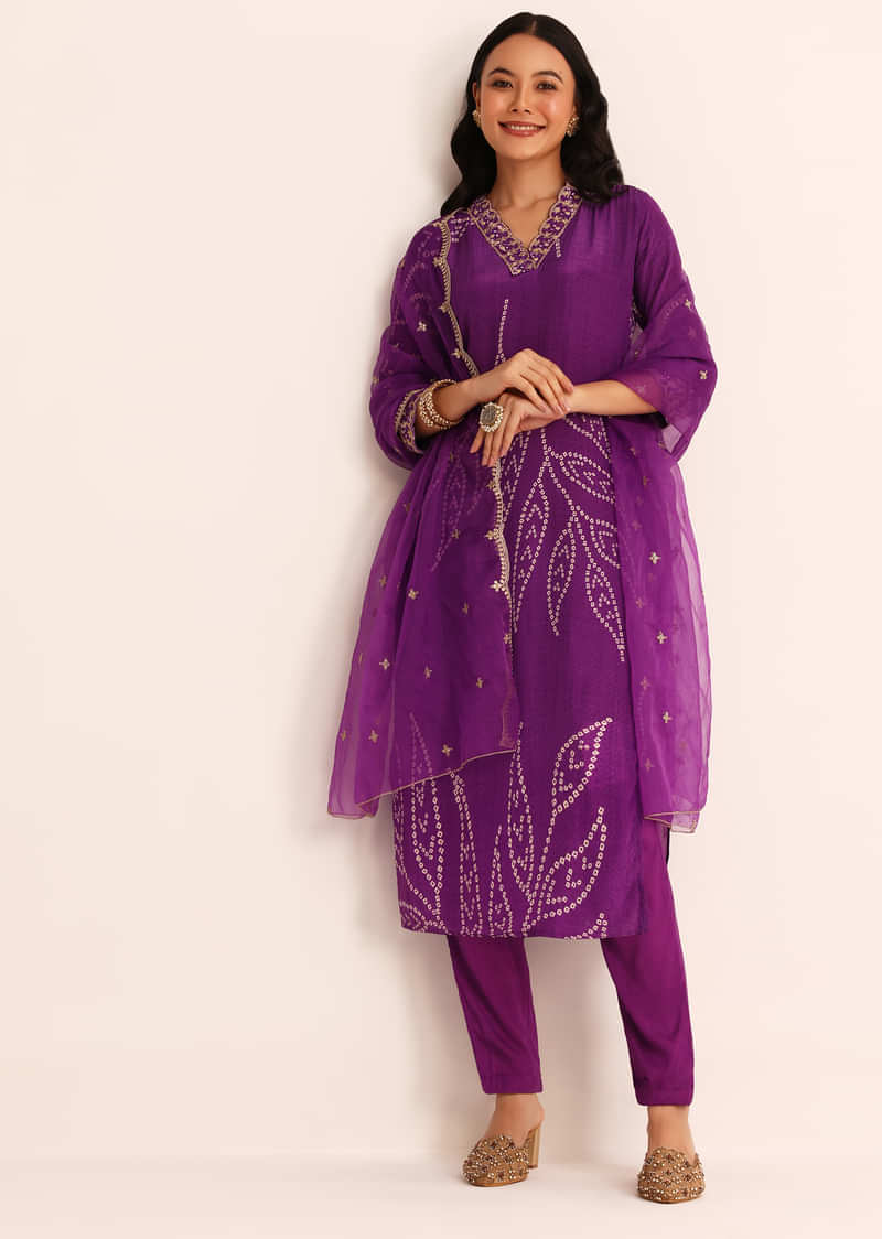 Purple Bandhani Printed Satin Kurta Set With Dupatta