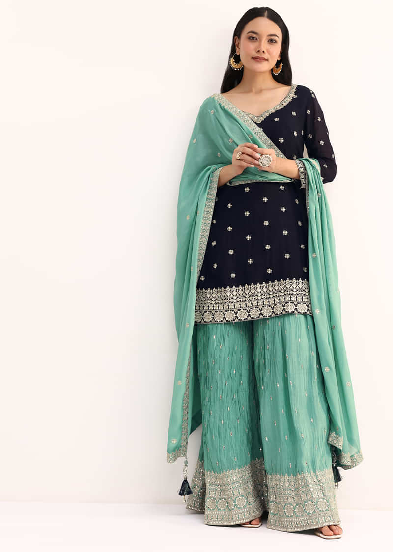 Blue And Sea Blue Kurta Palazzo With Dupatta In Zari Work