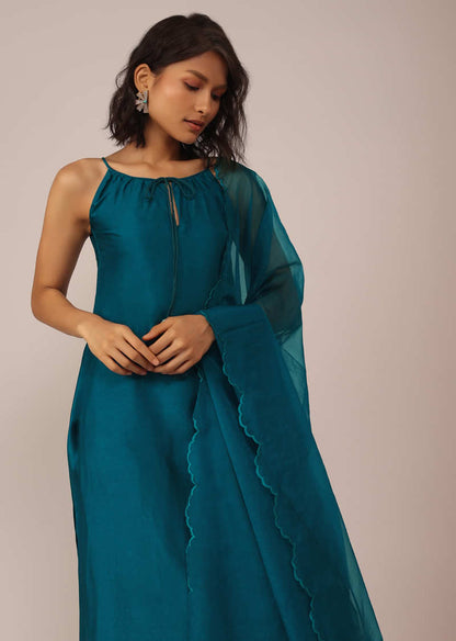 Teal Blue Plain Suit Set In Art Silk With Tassels Adorned Dupatta