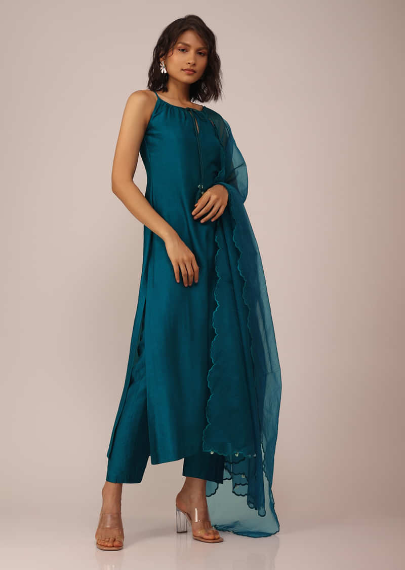 Teal Blue Plain Suit Set In Art Silk With Tassels Adorned Dupatta