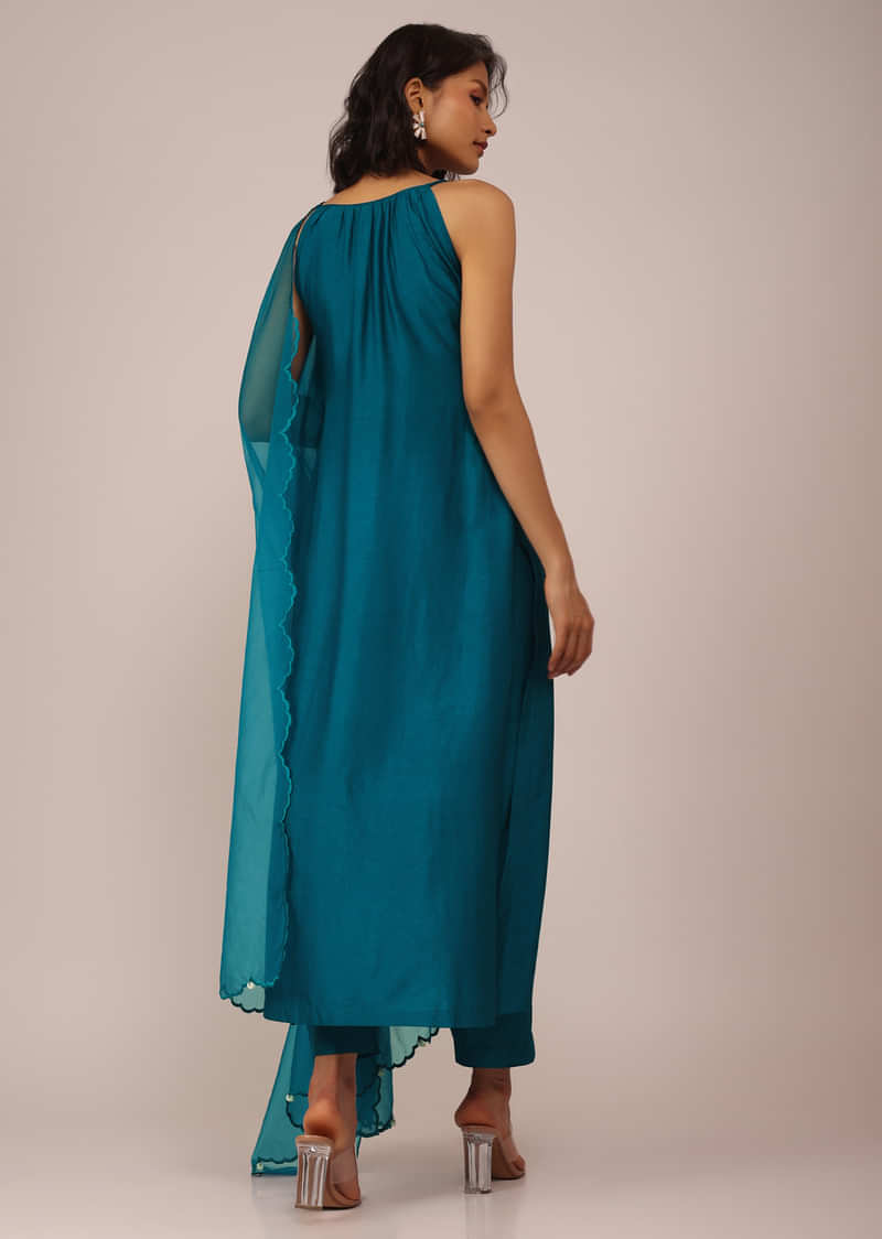 Teal Blue Plain Suit Set In Art Silk With Tassels Adorned Dupatta