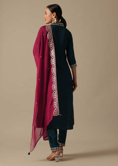 Teal Embroidered Kurta Set With Gota Patti Detail