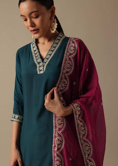 Teal Embroidered Kurta Set With Gota Patti Detail