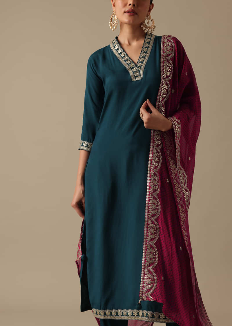 Teal Embroidered Kurta Set With Gota Patti Detail