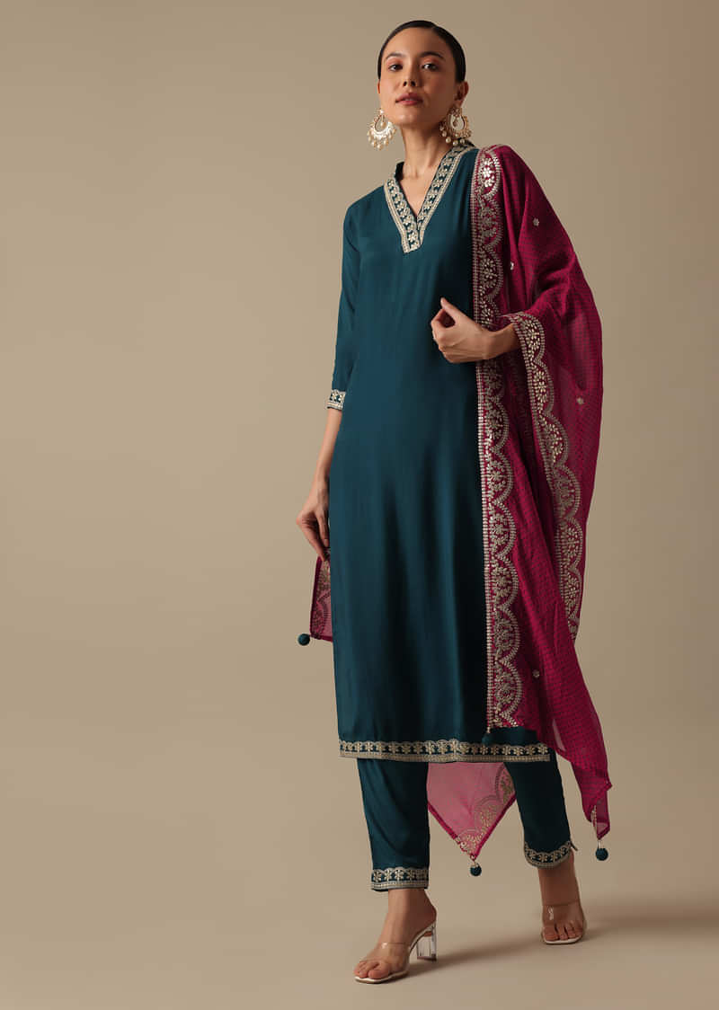 Teal Embroidered Kurta Set With Gota Patti Detail