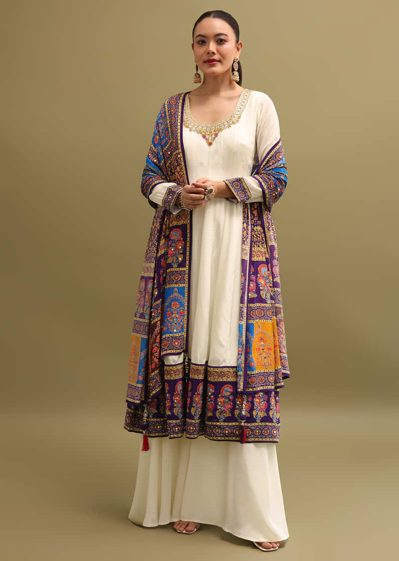 White Embroidered Crepe Kurta Suit Set