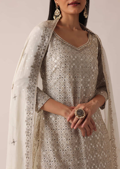 White Kurta Palazzo Set In Chanderi With Sequin Embroidery