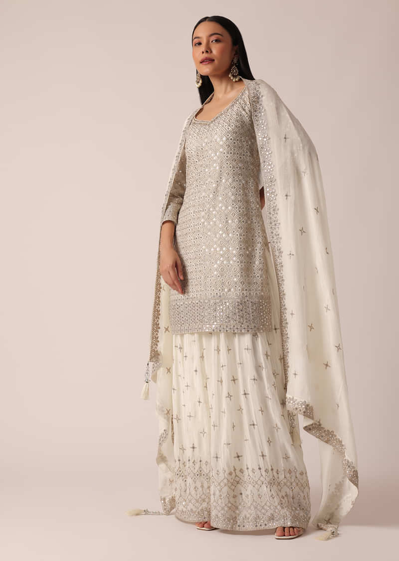 White Kurta Palazzo Set In Chanderi With Sequin Embroidery