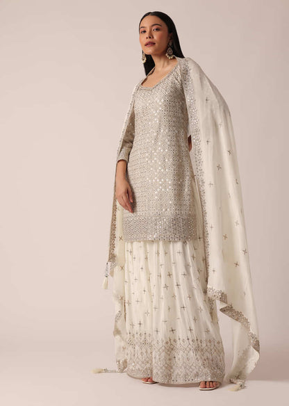 White Kurta Palazzo Set In Chanderi With Sequin Embroidery