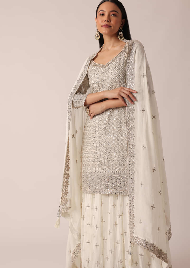 White Kurta Palazzo Set In Chanderi With Sequin Embroidery