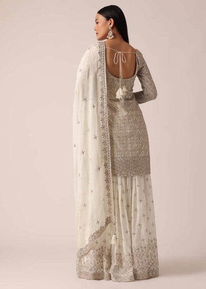 White Kurta Palazzo Set In Chanderi With Sequin Embroidery