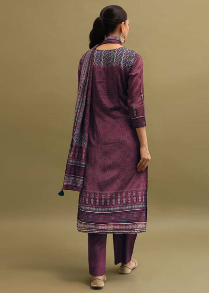 Wine Printed Crepe Kurta Set With Dupatta