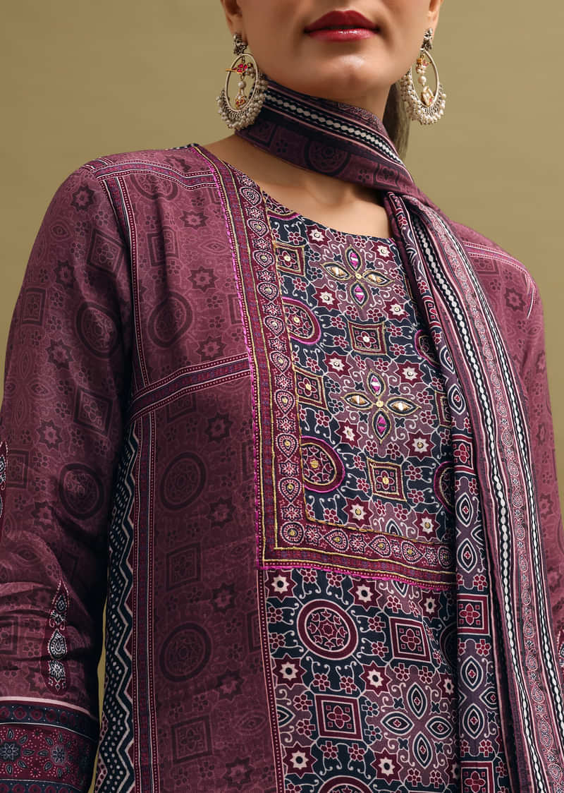 Wine Printed Crepe Kurta Set With Dupatta