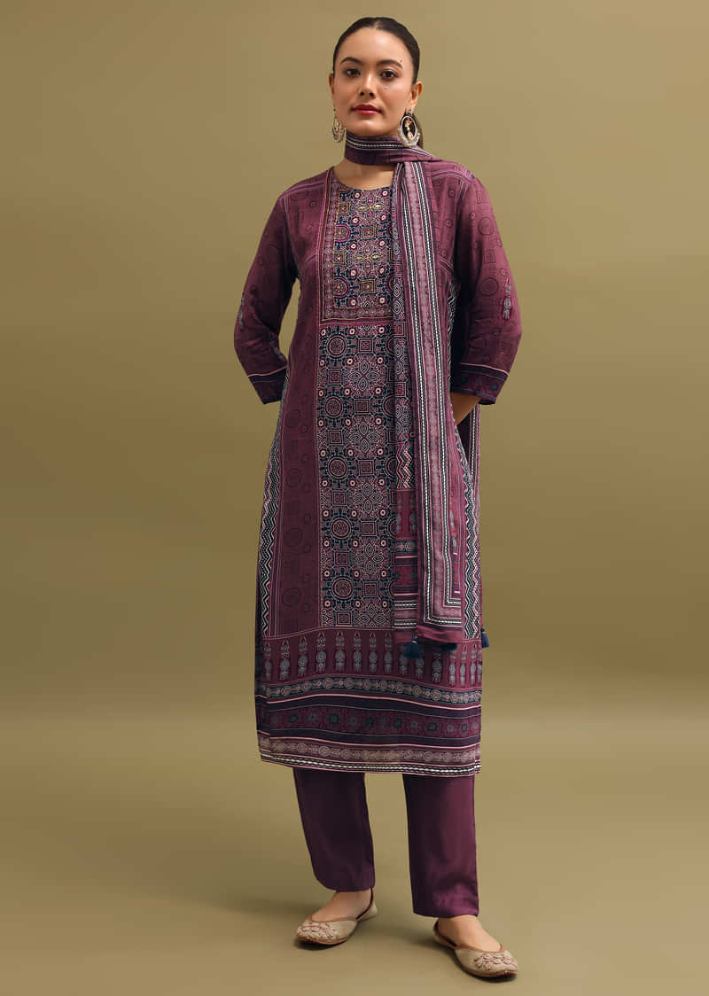 Wine Printed Crepe Kurta Set With Dupatta