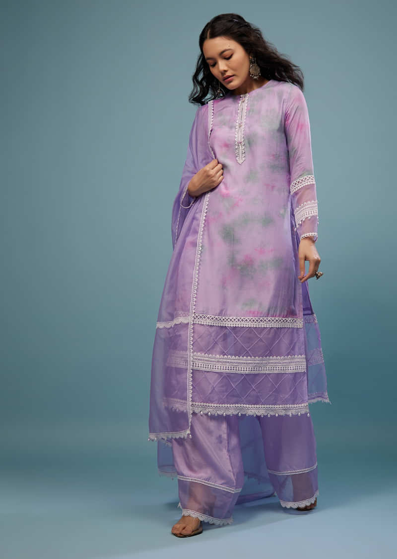 Lavender Purple Embroidered Palazzo Suit In Viscose Silk