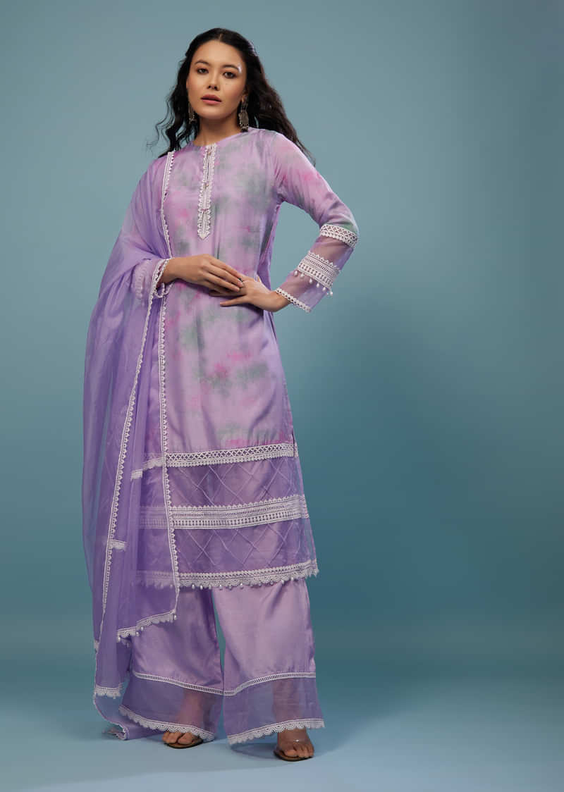 Lavender Purple Embroidered Palazzo Suit In Viscose Silk