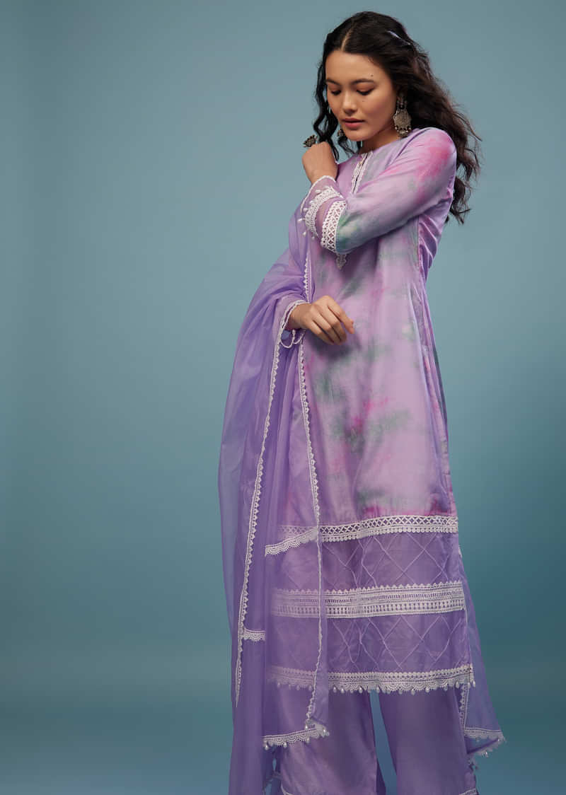 Lavender Purple Embroidered Palazzo Suit In Viscose Silk