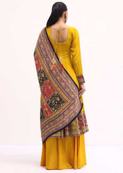 Yellow Embroidered Crepe Kurta Palazzo Set