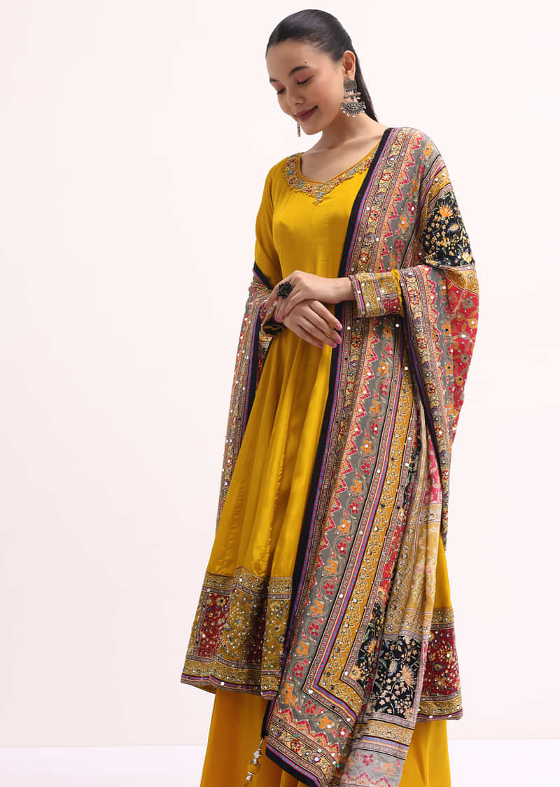 Yellow Embroidered Crepe Kurta Palazzo Set