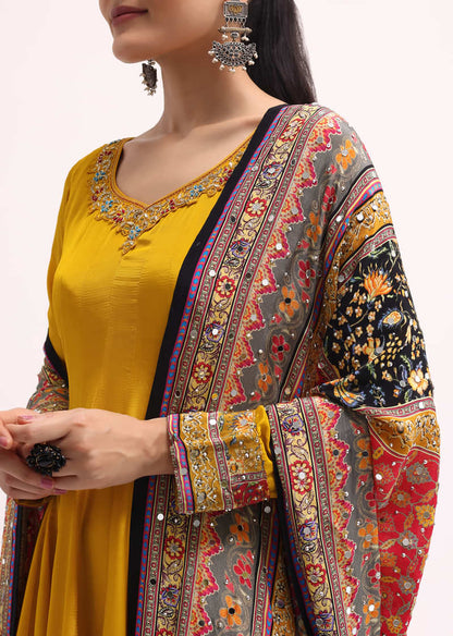 Yellow Embroidered Crepe Kurta Palazzo Set