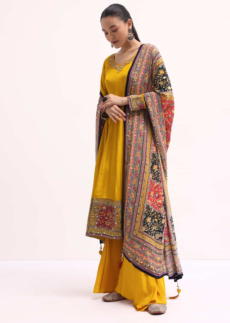 Yellow Embroidered Crepe Kurta Palazzo Set