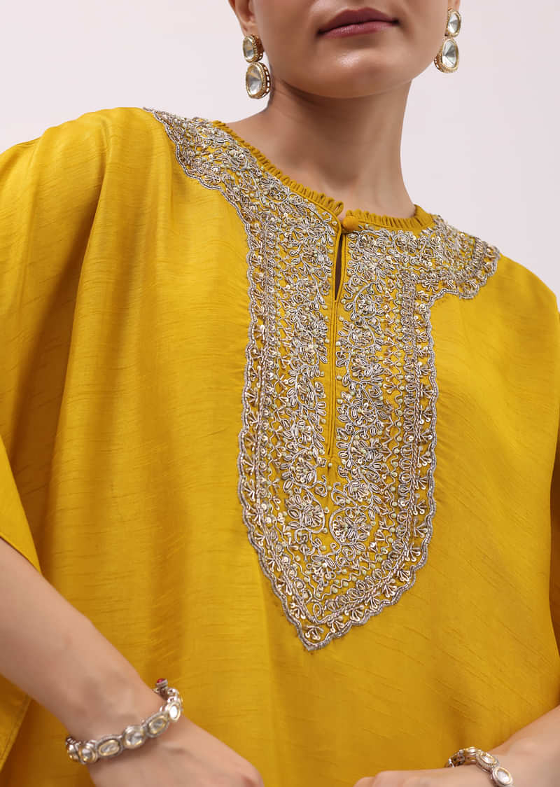 Yellow Embroidered Kaftaan Kurta Pant Set