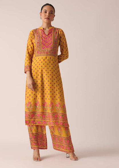 Yellow Kurta And Pant Set With Printed Detail