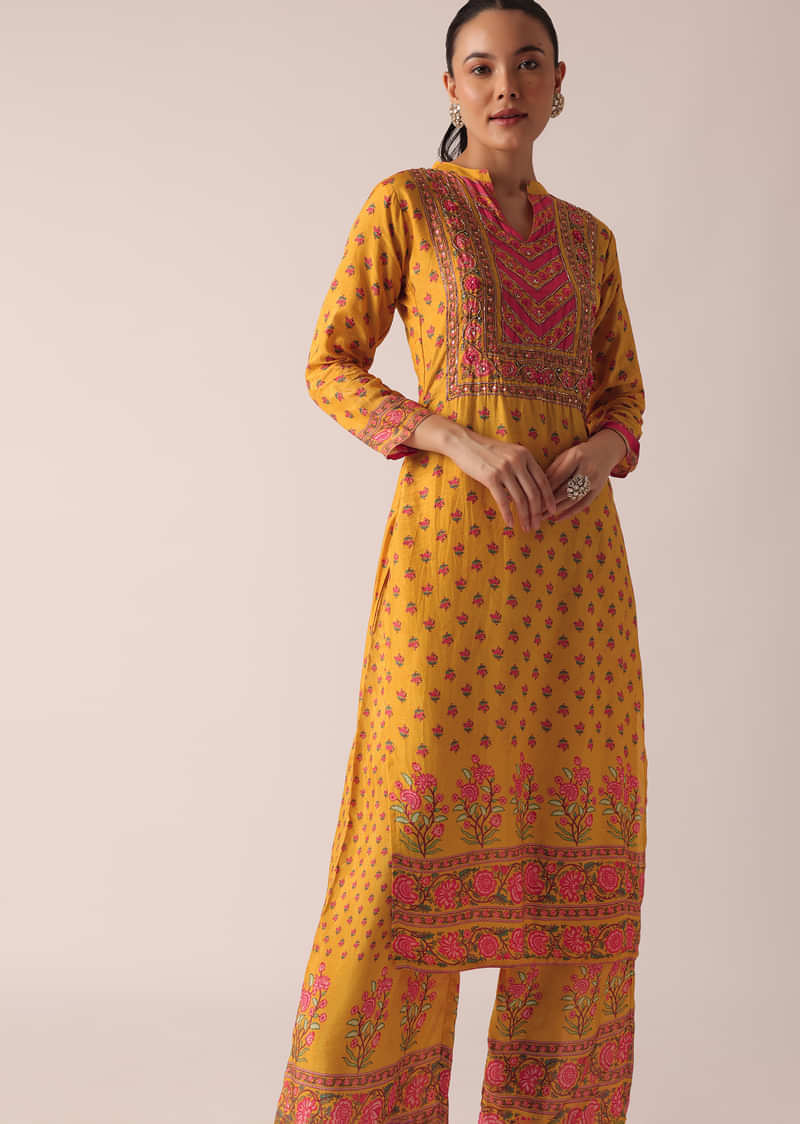 Yellow Kurta And Pant Set With Printed Detail